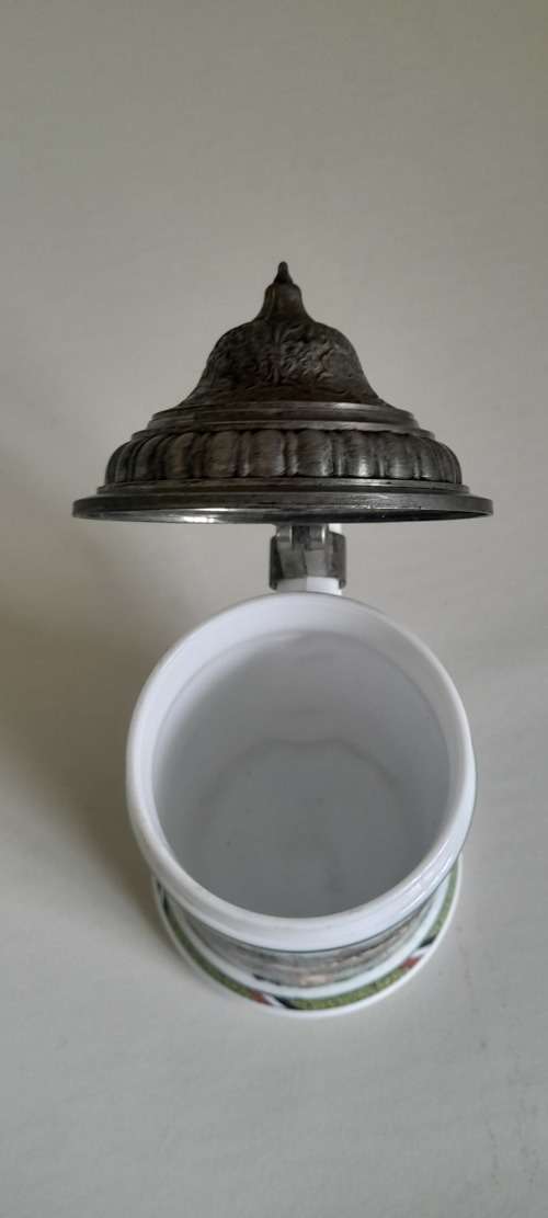 Original BMF Bierseidel Regimental German Milk Glass Pewter Lidded Beer Stein