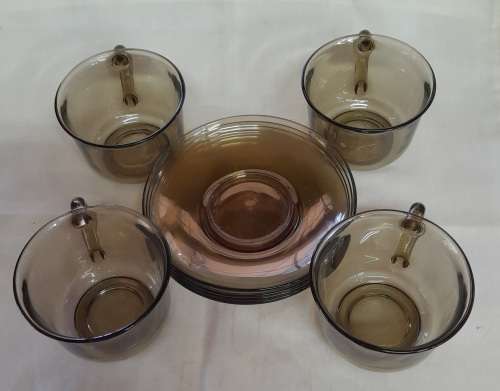 Arcoroc France Smokey Glass Demitasse Cup And Saucer Set Of 4