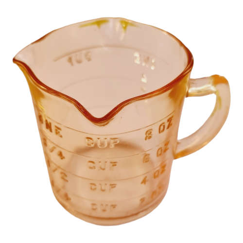 HAZEL ATLAS Vintage Pink Depression Glass Triple Spout Measuring Cup 8oz Pitcher