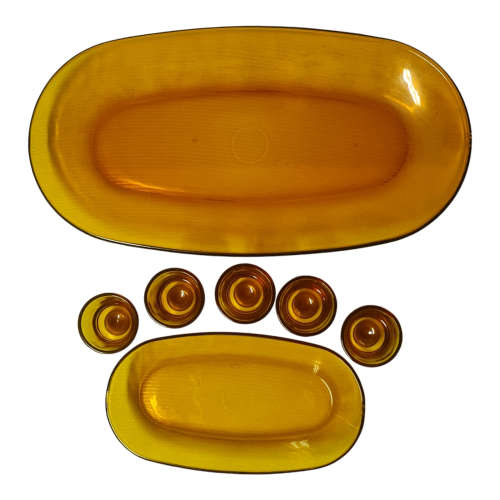 Vintage Duralex France Amber Glassware, 5 liquor little glasses, 1 small dish, 1 larger dish