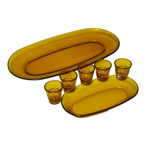 Vintage Duralex France Amber Glassware, 5 liquor little glasses, 1 small dish, 1 larger dish