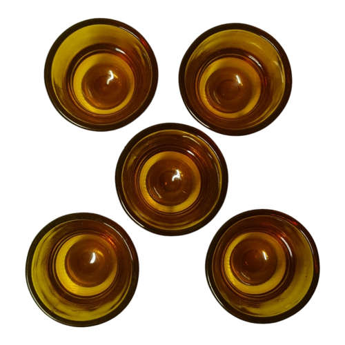 Vintage Duralex France Amber Glassware, 5 liquor little glasses, 1 small dish, 1 larger dish