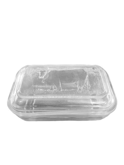 Vintage Glass Arcoroc France Cow Decorated Butter Dish  