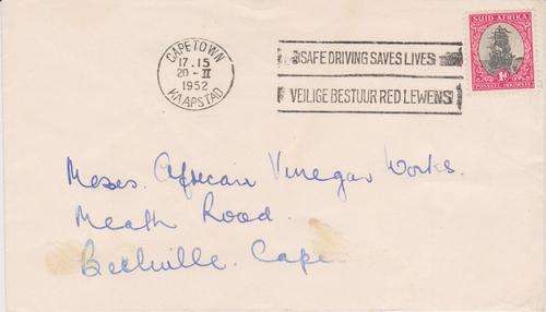 Union cover 1952 with superb two line "safe driving saves lives"