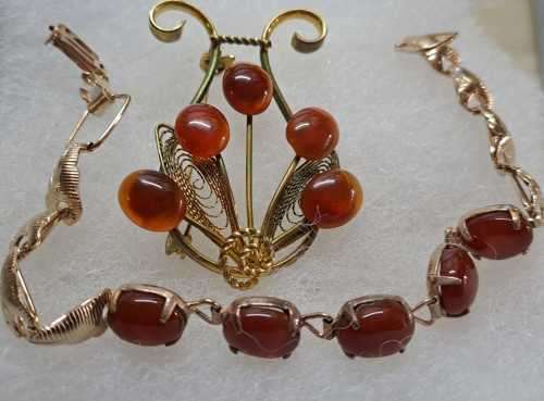 Vintage 100% Natural Carnelian Brooch and Bracelet