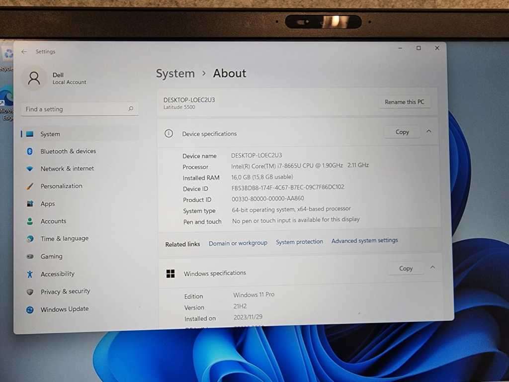 Dell 5500 8th Gen i7 Vpro Laptop (16GB Ram), (500GB SSD)