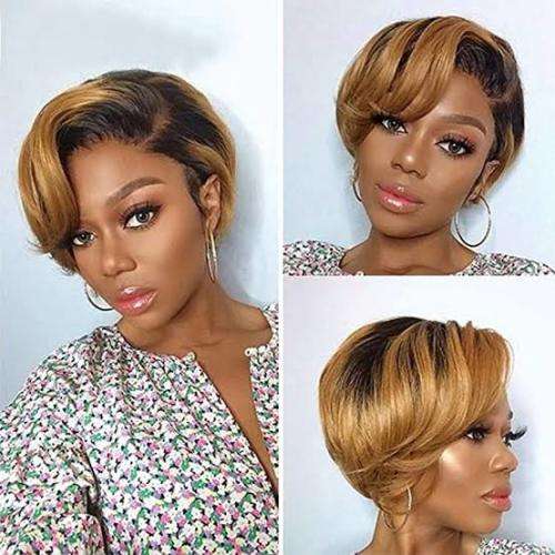 Lace Frontal 13x1 Peruvian Hair Wig short Pixie cut Ombre blond T-part. Grade 12A