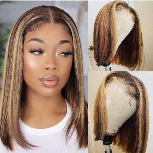 Peruvian Hair Wig lace Frontal straight 12 inch Tpart brown highlights. 12A