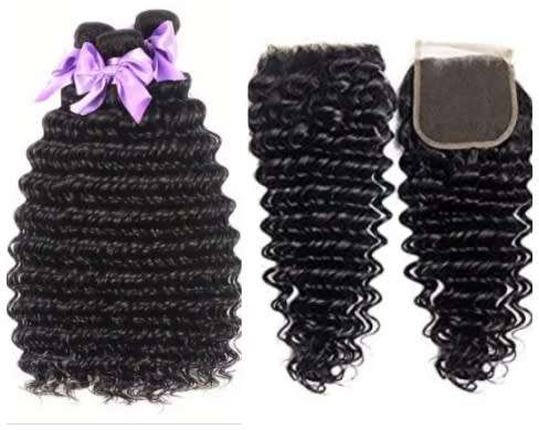 Peruvian Hair 3 Bundles and 4x4 3 way lace closure 14inch , Deep curly. 12A