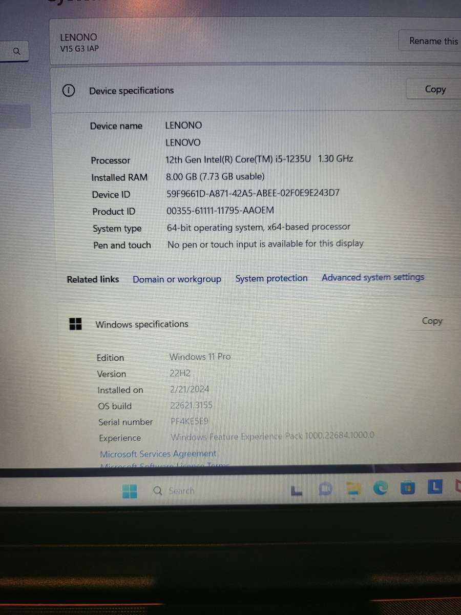 Lenovo V15 G3 IAP - i5 12th Gen - 8GB - 512GB SSD - Excellent Condition