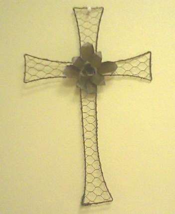 Dainty mesh wire cross with handcut tin flower detail - amazing piece!