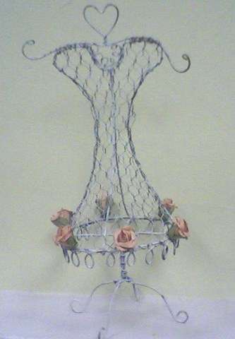 Lovely wire jewellery mannequin in white with rose decoration.