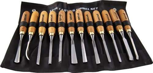 CHISEL SET WOOD CARVING 12PIECE IN LEATHER POUCH