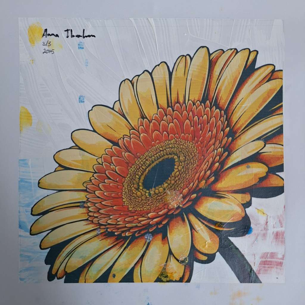 Anna Ibrahim - Gerbera Daisies / 25cm x 25cm Mixed media, signed and dated marked 3/3