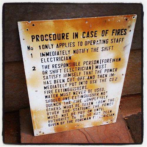 Vintage "Procedure In Case of Fires" Fibreglass Sign!