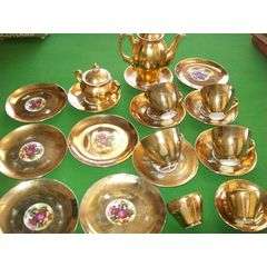 LOVELY OLD LUSTREWARE TEASET - PAINTED, TEA POT, 6 CAKE PLATES, 4 CUPS WITH 6 SAUCERS