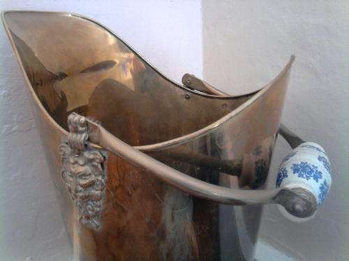 Elegant Brass Coal Shuttle with Delft blue and white porcelain handles