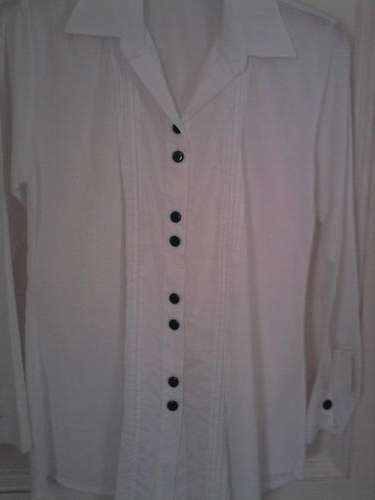 Crisp white linen long sleeve shirt with pintuck  and black button detail