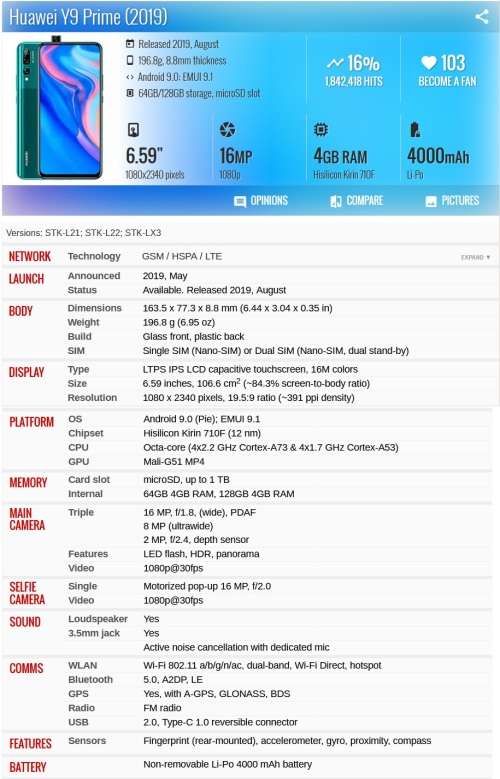 Huawei Y9 Prime 2019 128GB DUAL SIM