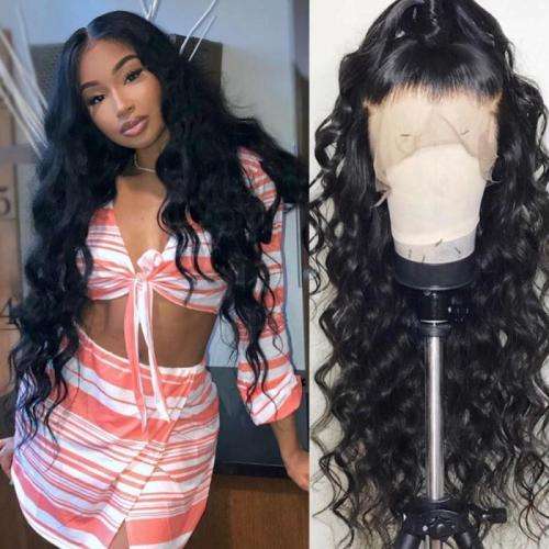 Human Hair Investment WIG / 200% Extra Thick / Black Natural Loose Wave Brazilian / 24` length