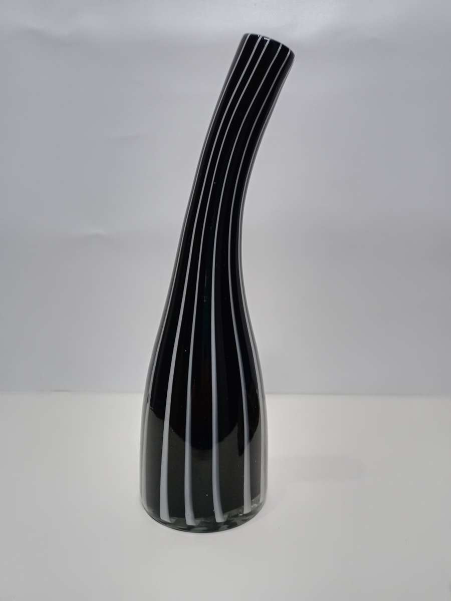 Vintage hand blown tall stem glass Vase - Black with white stripes blow through - Italian