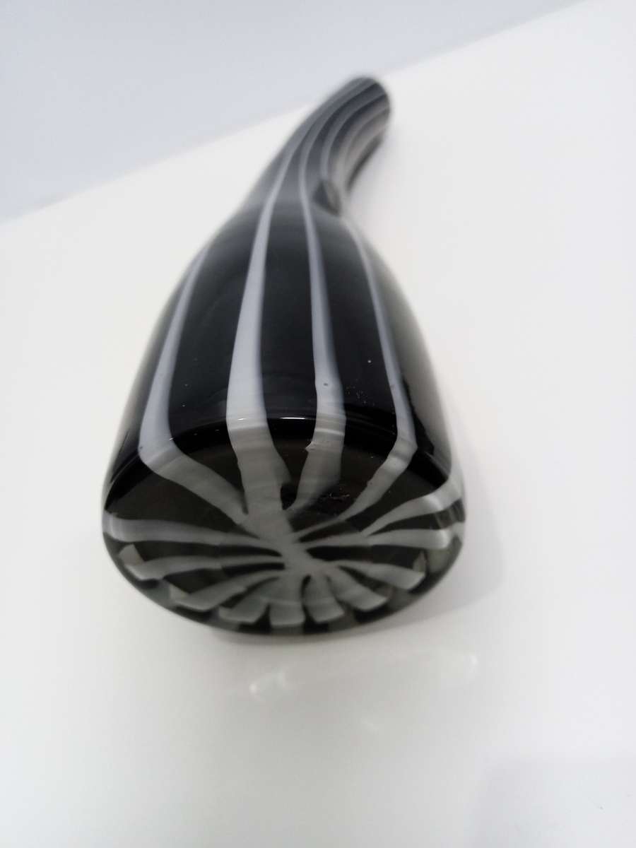 Vintage hand blown tall stem glass Vase - Black with white stripes blow through - Italian