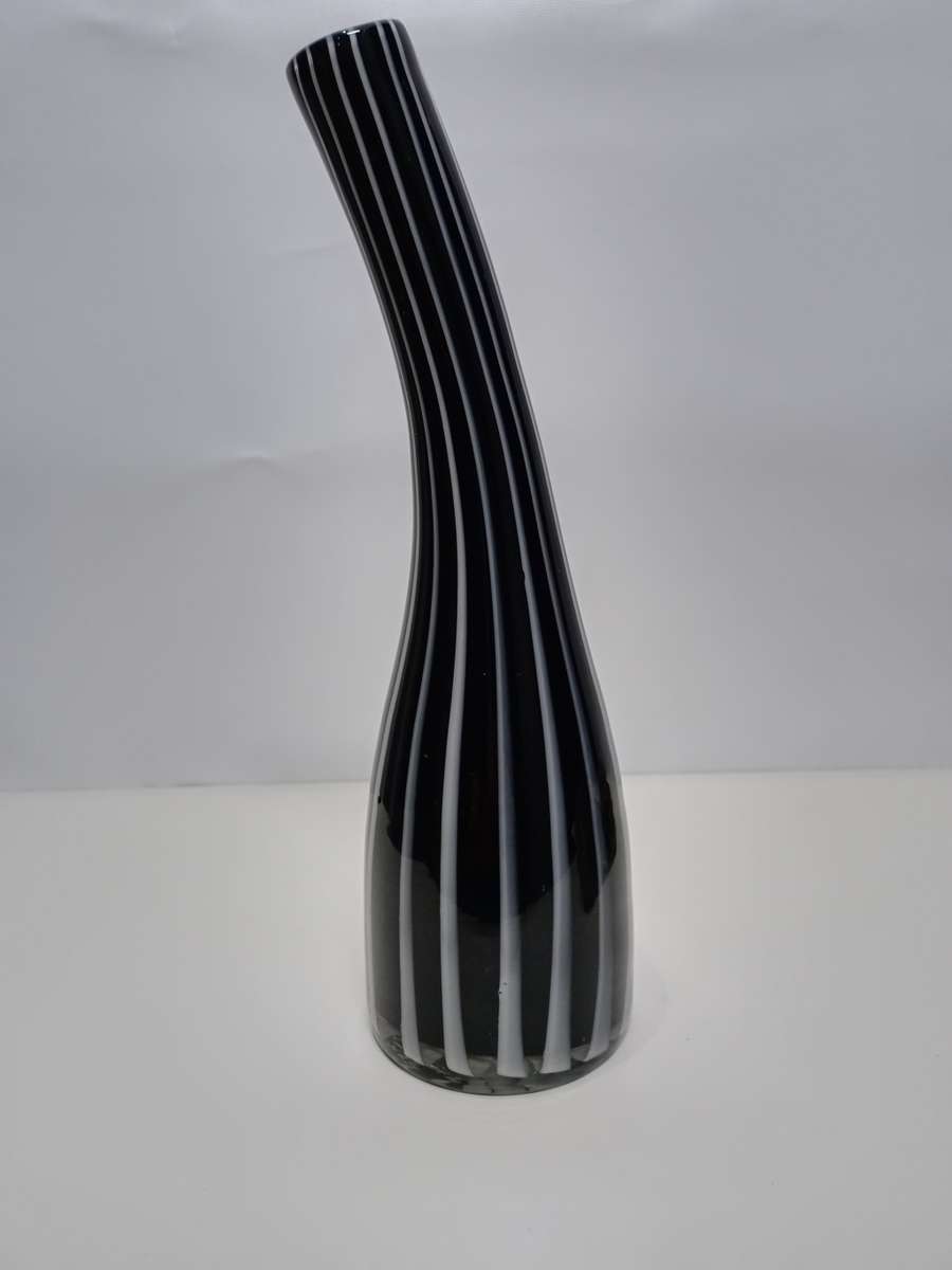 Vintage hand blown tall stem glass Vase - Black with white stripes blow through - Italian