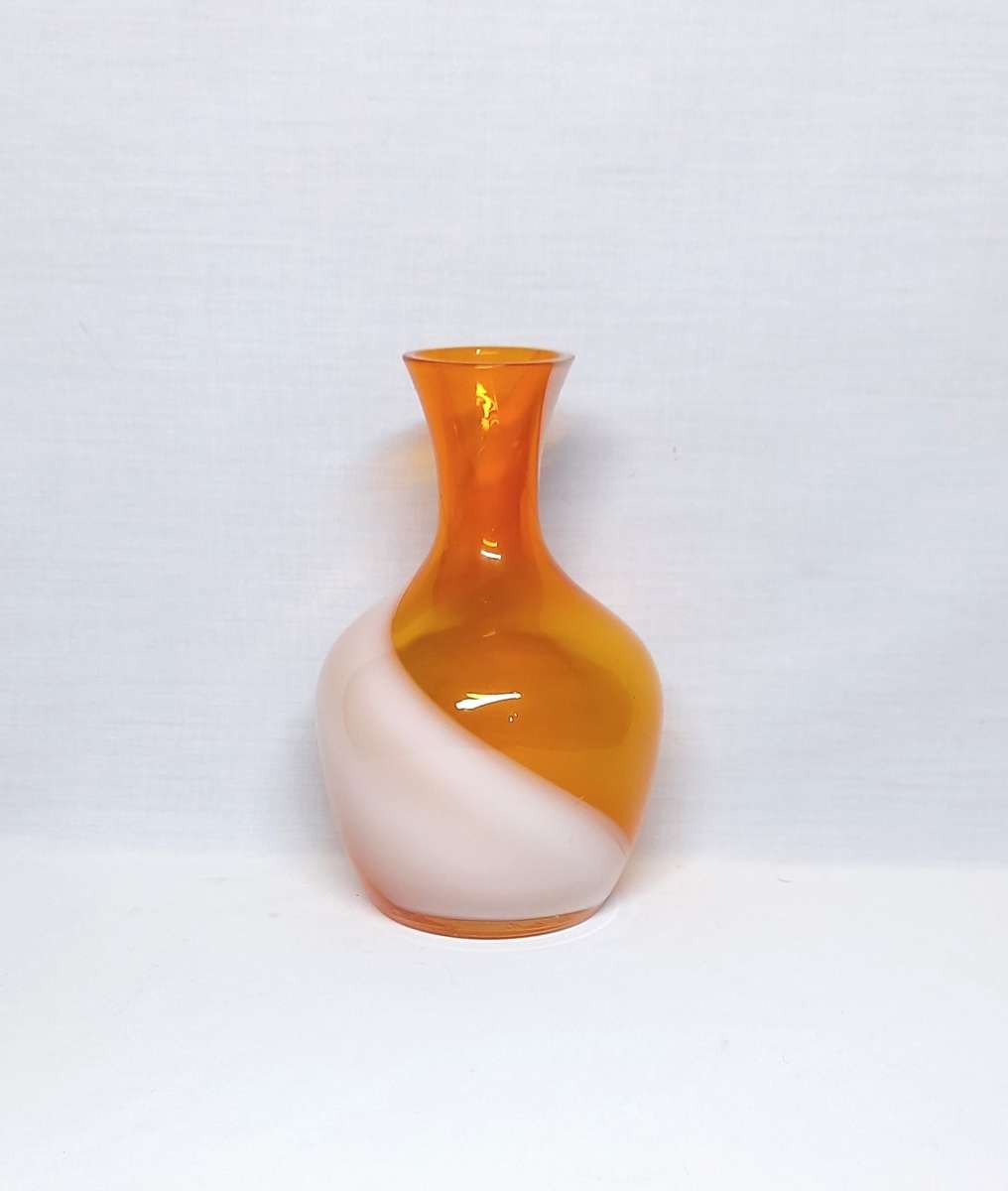 Vintage hand blown glass Vase - Orange + White