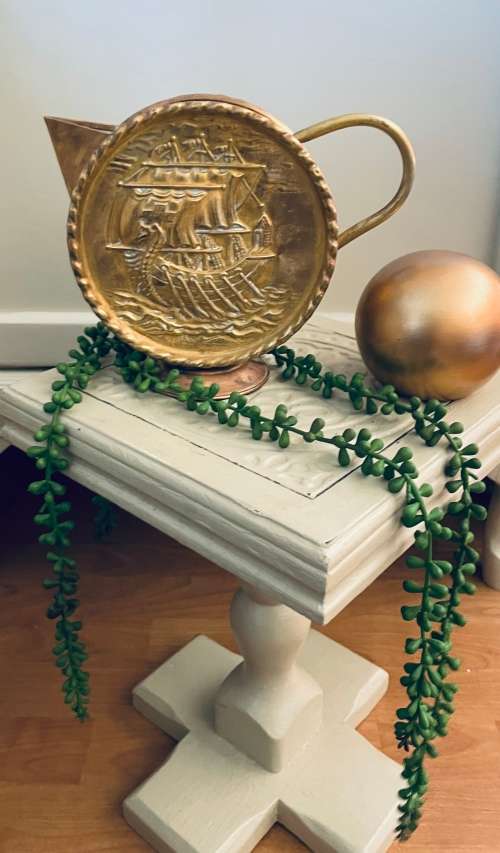 Vintage VIKING sailing SHIP Moon Flask Shaped Brass Copper Jug pitcher Nautical