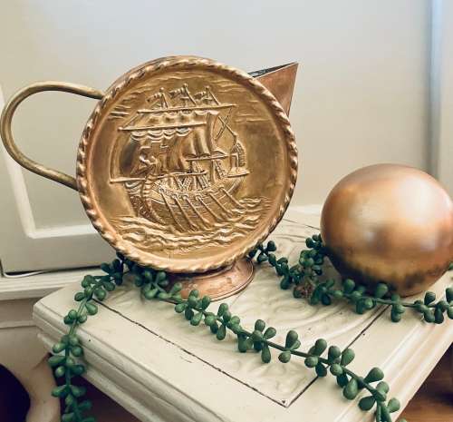 Vintage VIKING sailing SHIP Moon Flask Shaped Brass Copper Jug pitcher Nautical