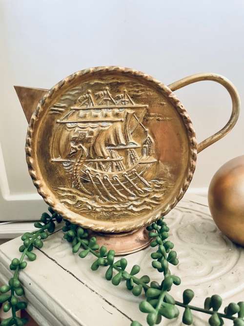 Vintage VIKING sailing SHIP Moon Flask Shaped Brass Copper Jug pitcher Nautical