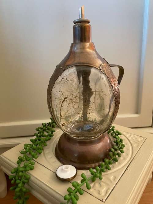 Vintage Brass/Glass Musical Decanter Liquor Music Box playing song `How Dry I Am`