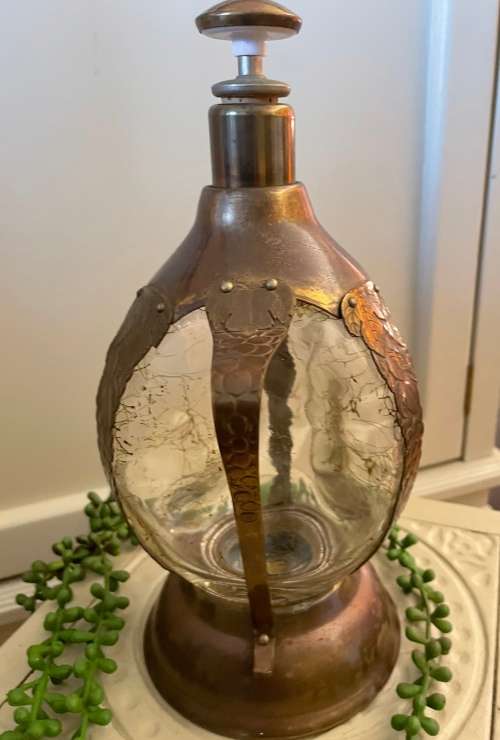 Vintage Brass/Glass Musical Decanter Liquor Music Box playing song `How Dry I Am`