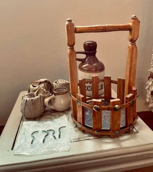 Miniature Antique Stoneware Porcelain Cuvee Speciale Decanter and Mugs