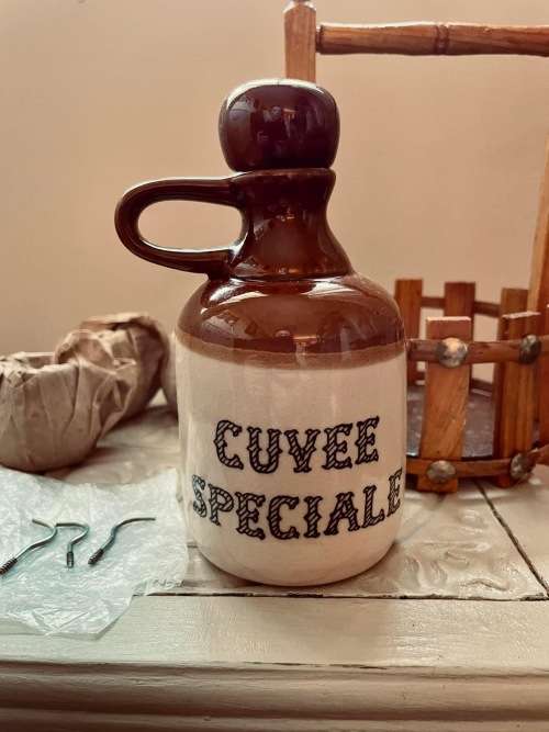 Miniature Antique Stoneware Porcelain Cuvee Speciale Decanter and Mugs