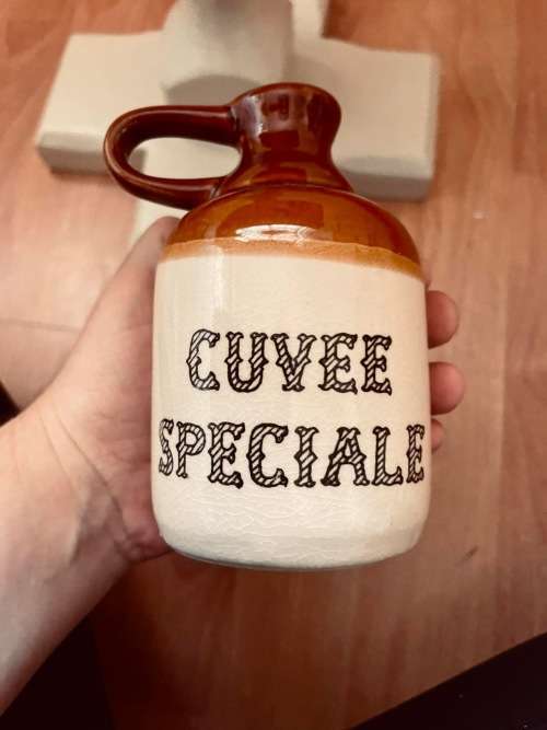 Miniature Antique Stoneware Porcelain Cuvee Speciale Decanter and Mugs