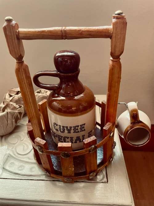 Miniature Antique Stoneware Porcelain Cuvee Speciale Decanter and Mugs