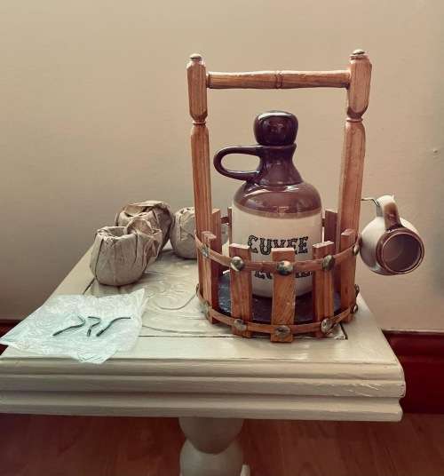 Miniature Antique Stoneware Porcelain Cuvee Speciale Decanter and Mugs