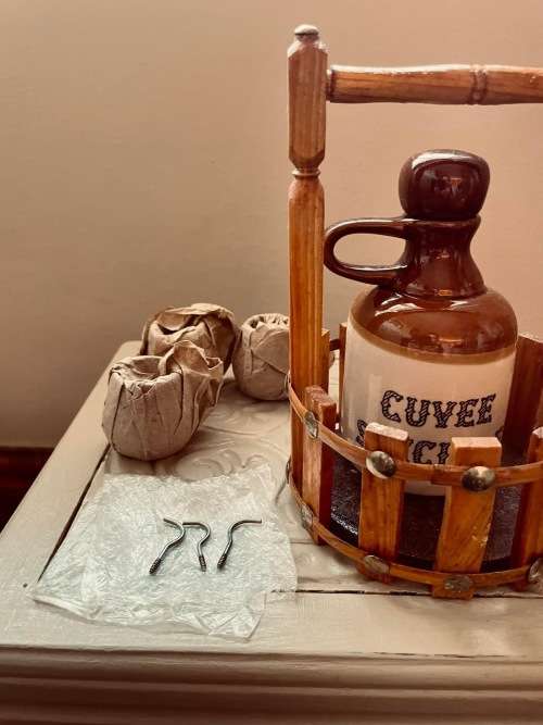 Miniature Antique Stoneware Porcelain Cuvee Speciale Decanter and Mugs