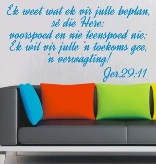 FREE SHIP/LOW COURIER - BYBEL VERS JEREMIA 29:11 AFRIKAANSE KWOTASIE 1 - WALL STICKER - 60+ COLOURS