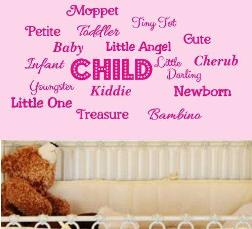 FREE SHIP/LOW COURIER - CHILD WORD CLOUD WALL STICKERS - SML 60+ COLOURS