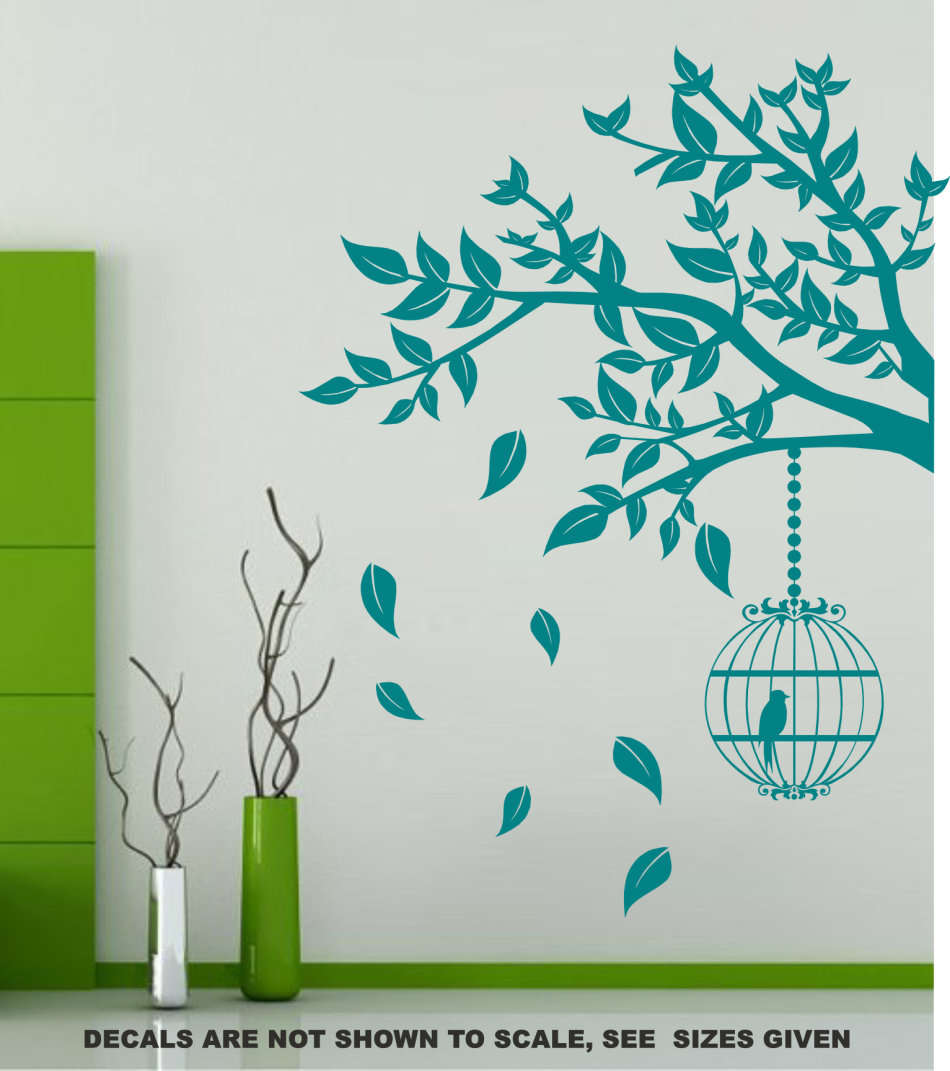FREE SHIP/LOW COURIER - BRANCH WITH BIRDCAGE WALL STICKER - LRG 60+ COLOURS