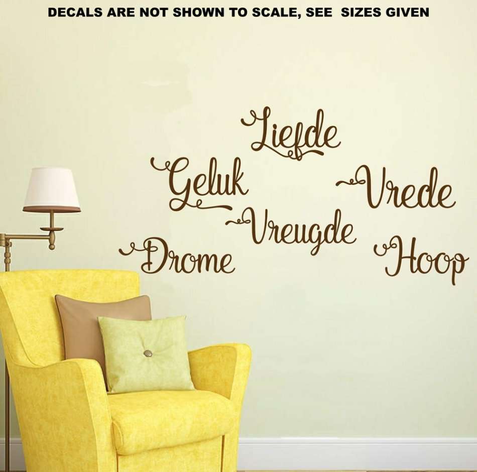 FREE SHIP/LOW COURIER - AFRIKAANS LIEFDE,VREDE, HOOP, DROME WOORDE MUURPLAKKERS - MED 60+ COLOURS