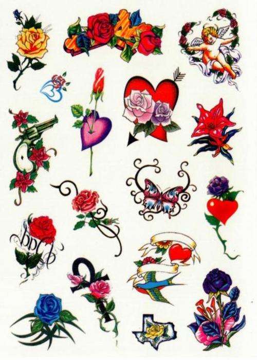 Colour Temporary Tattoos Rose & Heart Designs - Crafts