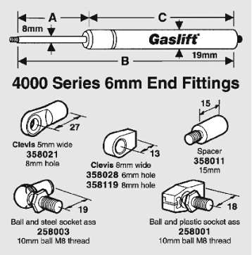 GABRIEL GASLIFT 4023 with Ball and Steel Socket, 10mm Ball & 8mm Socket