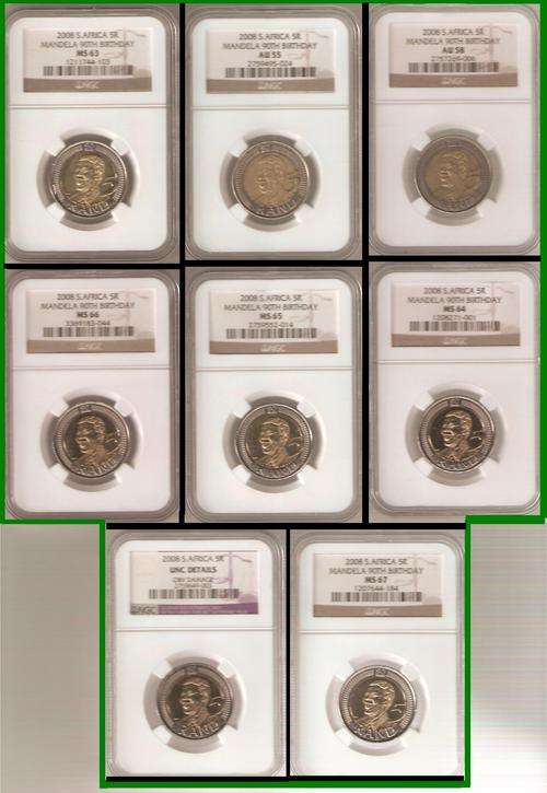 ### A 2008 N/MANDELA B/DAY COIN SET FROM MS63-.67. AU55.58 AND UN DETAIL  ##