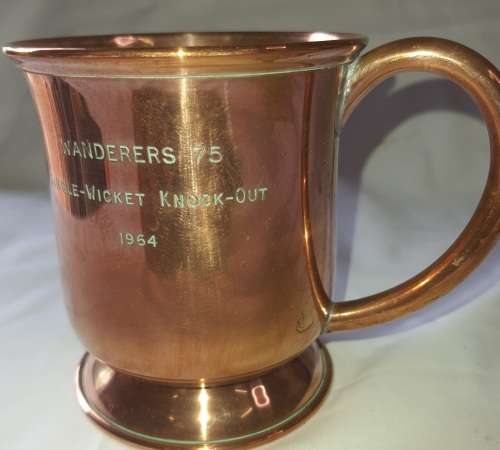 A VINTAGE COPPER BEER MUG ENGRAVED WANDERS 75 SINGE WICKET KNOCKOUT 1964