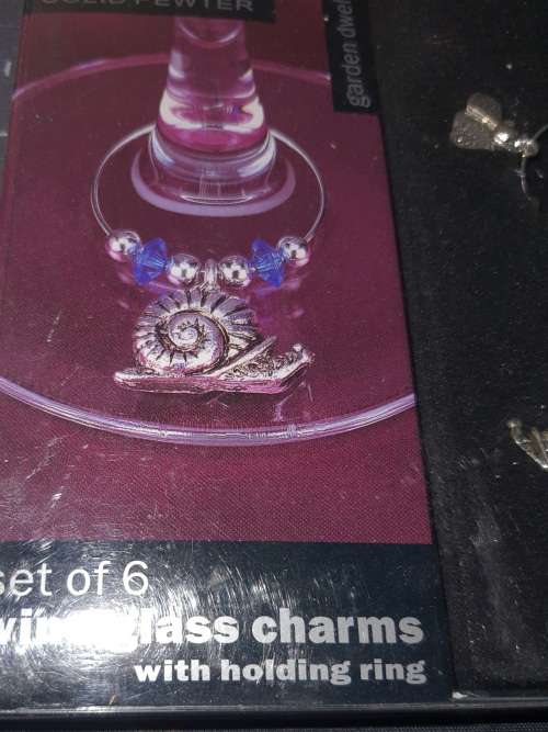 A SET OF WINE GLASS CHARMS ON A RING IN ITS ORIGINAL PACKAGING SOLD AS IS
