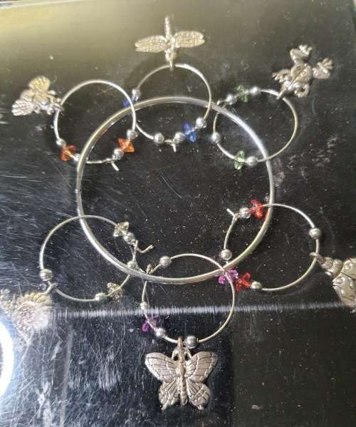 A SET OF WINE GLASS CHARMS ON A RING IN ITS ORIGINAL PACKAGING SOLD AS IS