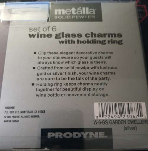 A SET OF WINE GLASS CHARMS ON A RING IN ITS ORIGINAL PACKAGING SOLD AS IS
